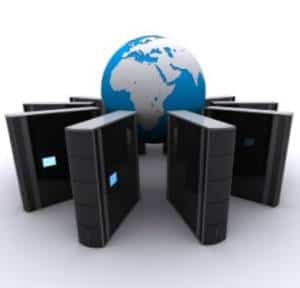 Server racks with a globe in the background, symbolizing global data centers and IT infrastructure.