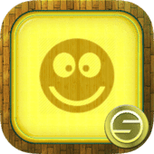 Smiling yellow emoji icon with wooden background.