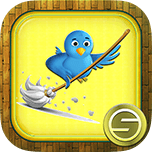 Blue bird fishing with a fishing rod in a yellow square icon, cartoon style, playful, game icon.