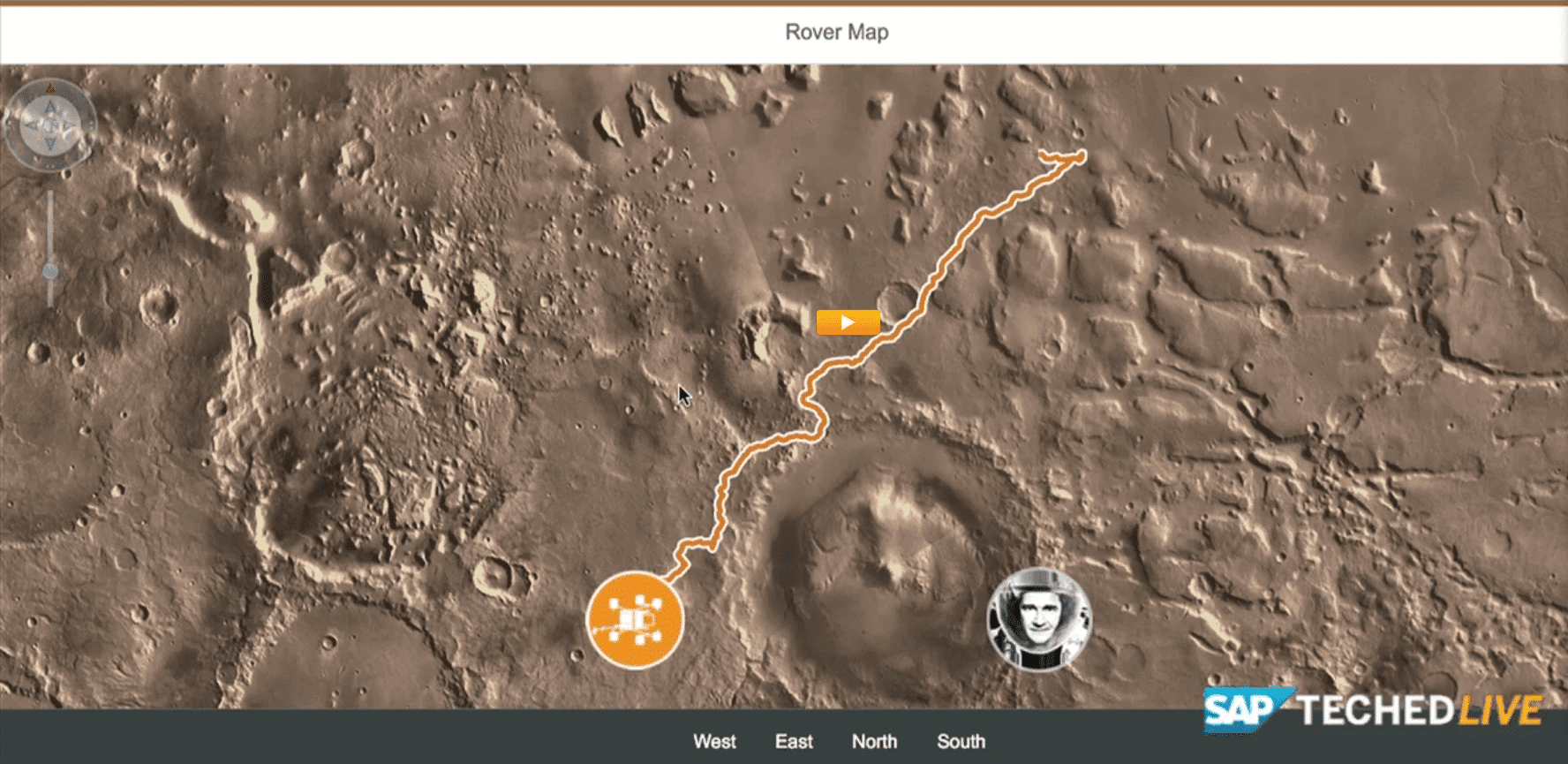 Rover map of the moon's surface with a marked exploration route and astronaut icon.